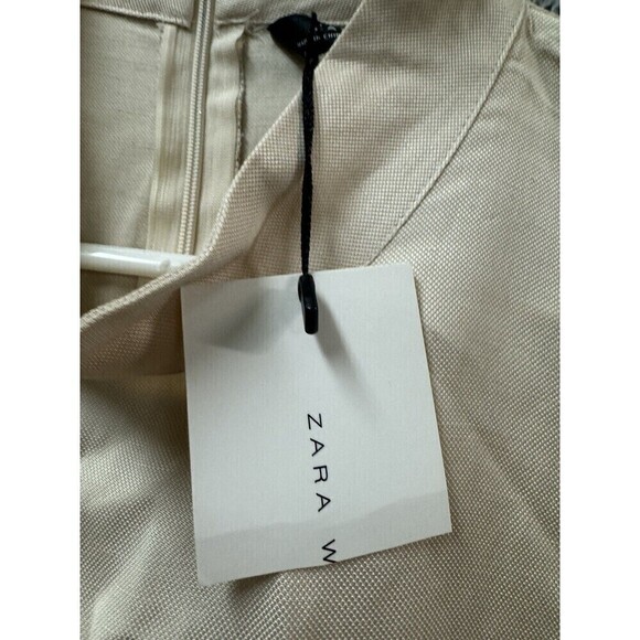 Zara Women Shirt Womens XL Beige cream Blouse Fur Cuffs Mock Neck Back Zipper - Picture 2 of 10